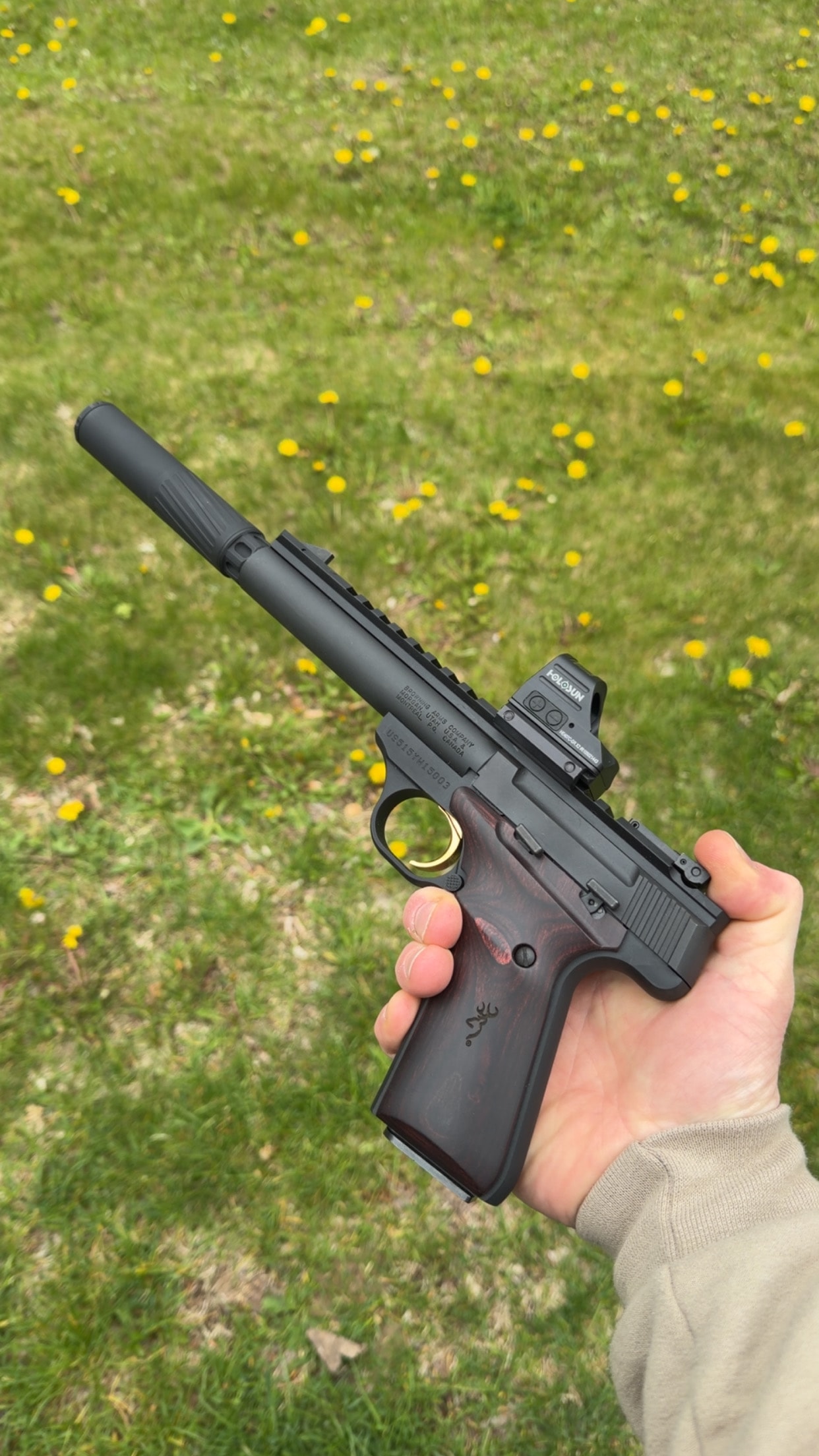 Browning Buck Mark pistol with threaded barrel, suppressor, Holosun red dot, and Picatinny rail — barrel threading and optic mount work by Northwoods Firearms, Crandon, WI