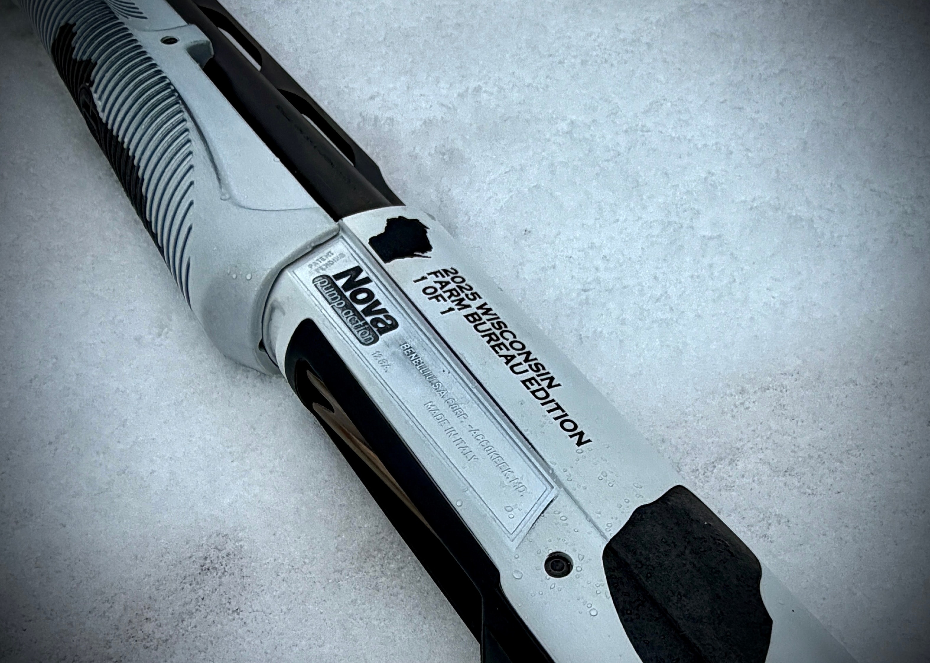 Laser-engraved Benelli Nova pump-action receiver — 2025 Wisconsin Farm Bureau Edition, 1 of 1 — by Northwoods Firearms, Crandon, WI